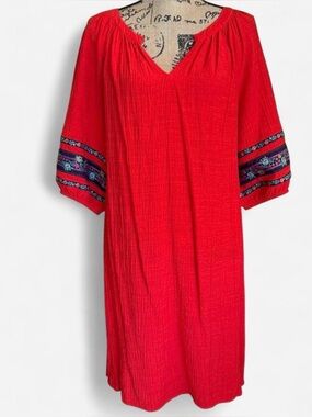 Boho embroidered bell sleeve tunic shift dress red size L .
